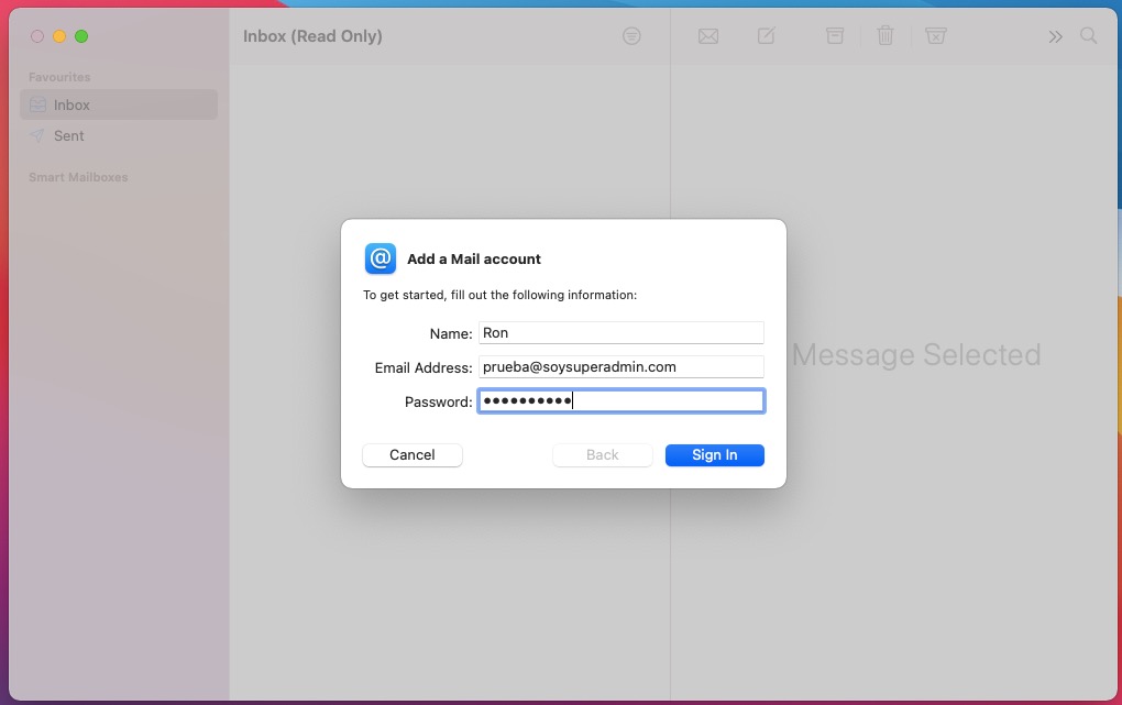 Añadir cuenta de correo en Apple Mail - paso 2